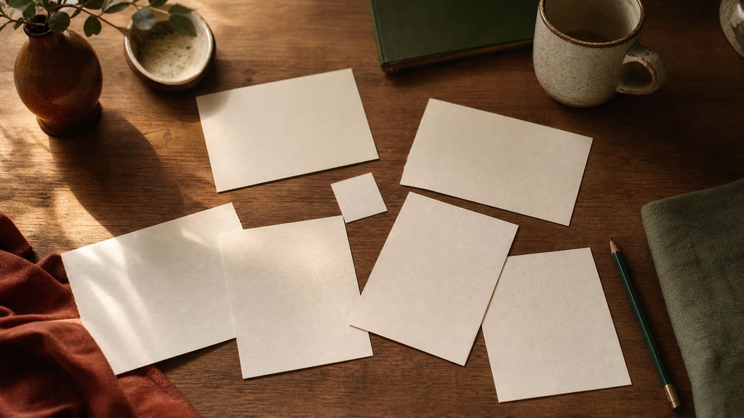 Blank cream cards laid out and overlapping on a wooden worktable in afternoon light.