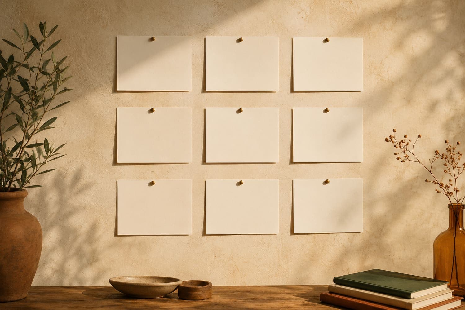 A grid of nine blank cream cards pinned to a warm plaster wall, casting soft shadows.